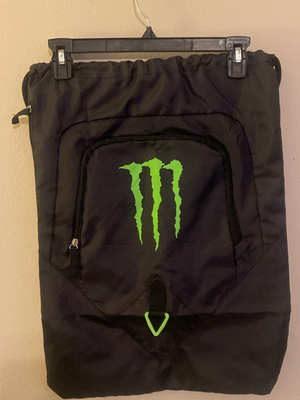 Black Drawstring Backpack with Green Monster Logo
